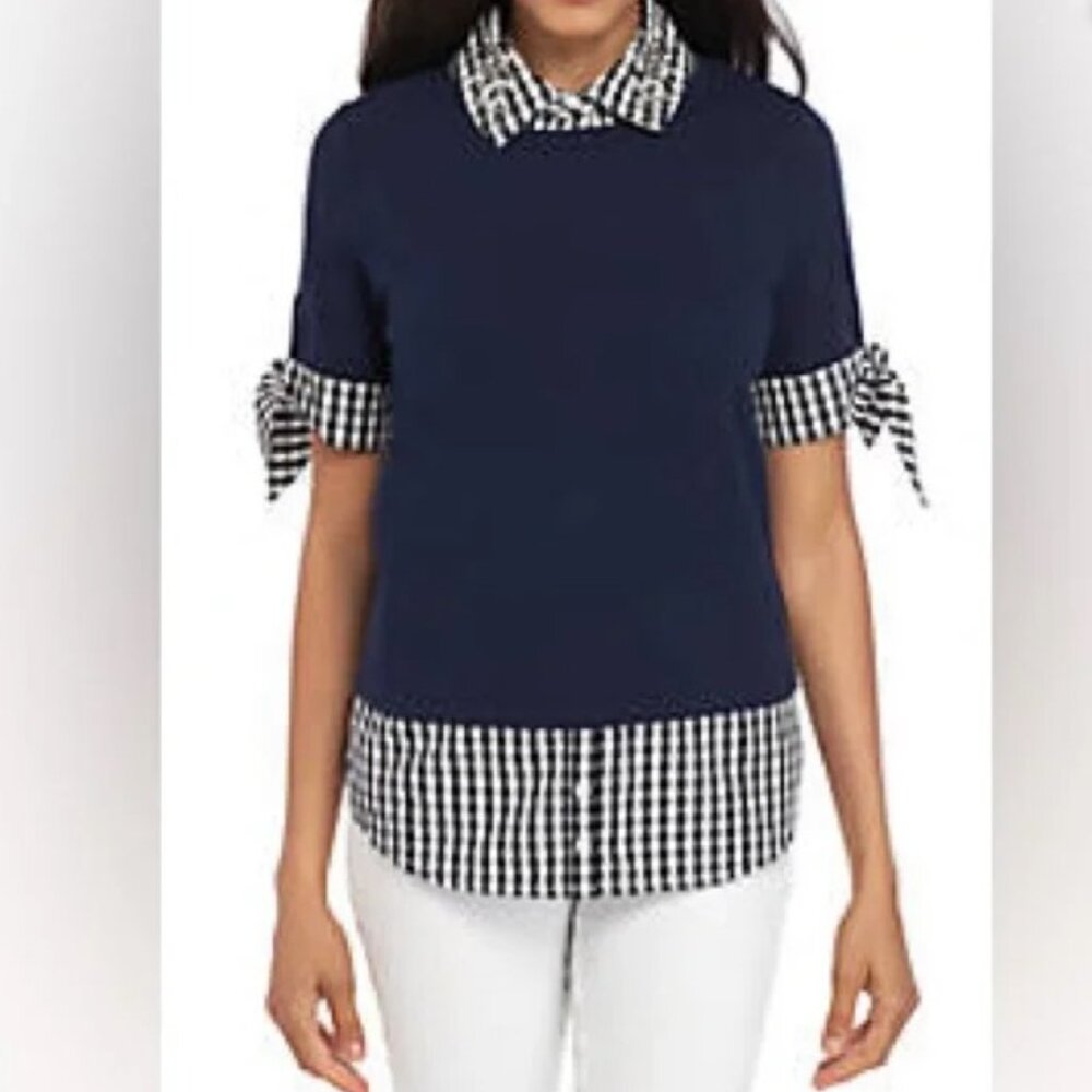 Crown & Ivy Navy Blue White Blouse Jewel Embellished  Collar Size M